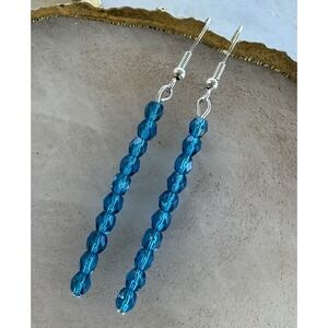 Handmade Long Dangle Earrings 2.5" Teal Blue Glass Crystal Stainless Holiday